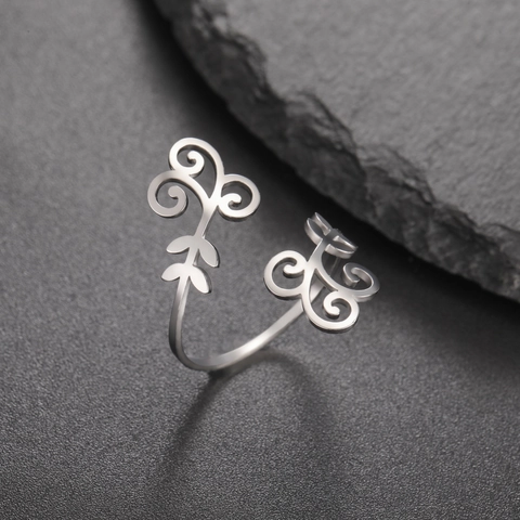 Nature Inspired Stainless Steel Open Ring Vintage Filigree Vine Dragonfly Leaf Hollow Adjustable Finger Ring For Women