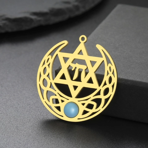 Colgante de Acero Inoxidable Estrella de David Luna Creciente Símbolo Hebreo Chai Piedra Azul Joyería Religiosa Étnica