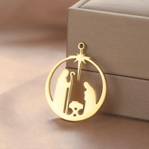 Edelstahl Weihnachtskrippe Hohl Rund Anhänger Ohne Kette Religiöser Jesus Geburt Charm Für DIY Schmuckzubehör