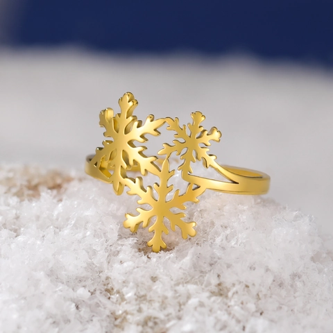 Snowflake Stainless Steel Open Ring Adjustable Hollow Out Winter Jewelry Christmas Gift For Women Girls Fashion Finger Ring