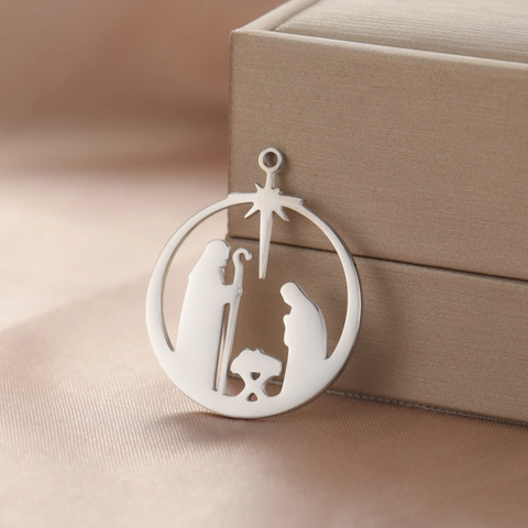 Edelstahl Weihnachtskrippe Hohl Rund Anhänger Ohne Kette Religiöser Jesus Geburt Charm Für DIY Schmuckzubehör