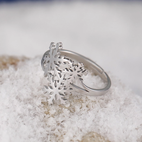 Snowflake Stainless Steel Open Ring Adjustable Hollow Out Winter Jewelry Christmas Gift For Women Girls Fashion Finger Ring