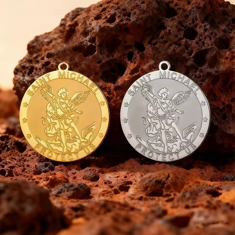 Stainless Steel Saint Michael Archangel Pendant Religious Double Sided Engraved Medal Charm For Necklace Bracelet DIY Jewelry Making