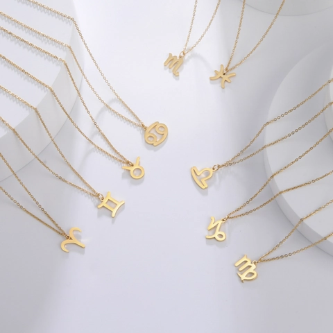 Collier en Acier Inoxydable 12 Signes du Zodiaque pour Femme Plaqué Or 18K Pendentif Astrologie Personnalisé Bijoux Minimalistes Cadeau