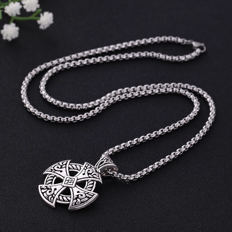 Vintage Viking Hammer Pendant Necklace Men Ancient Silver Stainless Steel Celtic Knot Axe Punk Gothic Jewelry Accessories