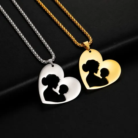Stainless Steel Mother Child Necklace For Women Minimalist Hollow Heart Pregnant Mom Silhouette Pendant Necklace Mother Day Gift Jewelry