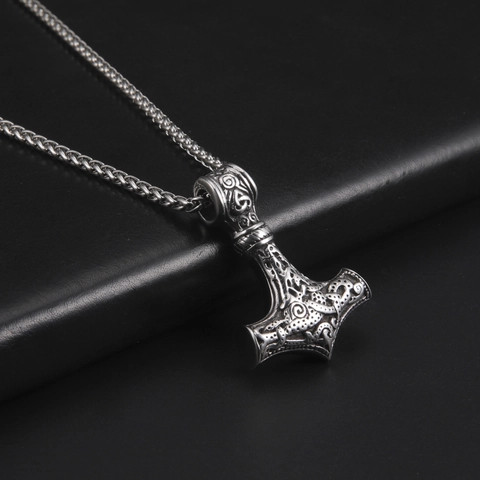 Vintage Viking Hammer Pendant Necklace Men Ancient Silver Stainless Steel Celtic Knot Axe Punk Gothic Jewelry Accessories