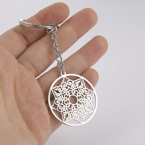 Moda Portachiavi in Acciaio Inossidabile Tondo Cavo Geometrico Motivo Mandala Anello Chiave Per Uomini Donne Regalo Gioielli Quotidiani
