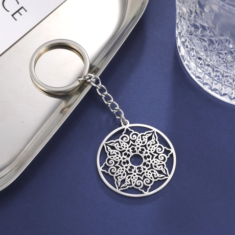 Minimalista Acciaio Inossidabile Svuotato Mandala Portachiavi Per Uomo Donna Argento Pendente Geometrico Portachiavi Regalo
