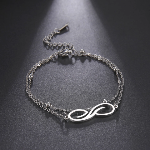 Tobillera con Colgante de Infinito de Acero Inoxidable para Mujer Cadena de Doble Capa con Cuentas de Metal Bañado en Oro Plata Elegante
