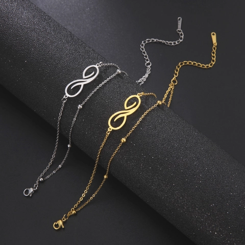 Tobillera con Colgante de Infinito de Acero Inoxidable para Mujer Cadena de Doble Capa con Cuentas de Metal Bañado en Oro Plata Elegante