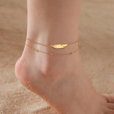Tobillera de Colgante de Pluma de Acero Inoxidable Chapado en Oro 18K Bohemio de Doble Capa Pulsera de Tobillo para Mujer