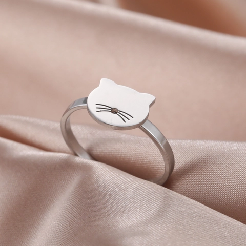 Minimalist 304 Stainless Steel Cat Head Ring For Women Hollow Out Animal Design Gold Silver Plated Polished Finger Jewelry Pet Lover Gift