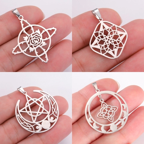 Stainless Steel Hollow Witches' Knot Pendant Pentagram Moon Phase Rose Mandala Charm For DIY Jewelry Necklace Making Accessory