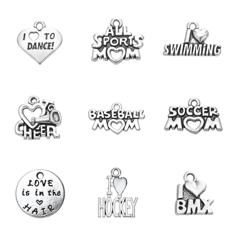Pendentifs en Alliage d'Argent Antique Vintage Forme de Cœur et Lettres pour DIY Bijoux Sport Mom Foot Basket Danse