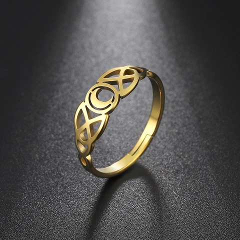 Stainless Steel Moon Celtic Knot Open Ring For Women Men Vintage Hollow Adjustable Band Fashion Jewelry Gift Electroplated
