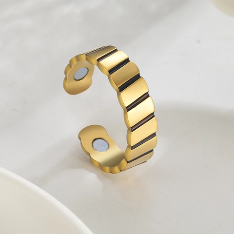 Minimalist Stainless Steel Magnetic Therapy Open Ring For Women Men Stripe Grooved Adjustable Health Jewelry Finger Ring