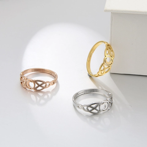 Stainless Steel Moon Celtic Knot Open Ring For Women Men Vintage Hollow Adjustable Band Fashion Jewelry Gift Electroplated