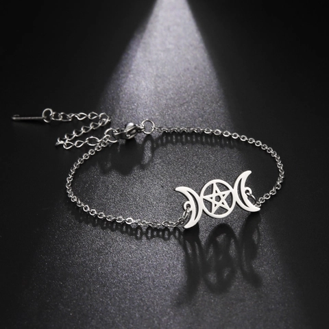 Tobillera de Pentagrama Triple Luna de Acero de Titanio Wicca Diosa Estrella Luna Pulsera de Tobillo para Mujeres Niñas Verano Playa Joyería