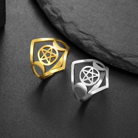 Gothic Pentagram Triple Moon Stainless Steel Hollow Out Ring For Women Men Occult Witchy Style Jewelry Fashion Finger Ring