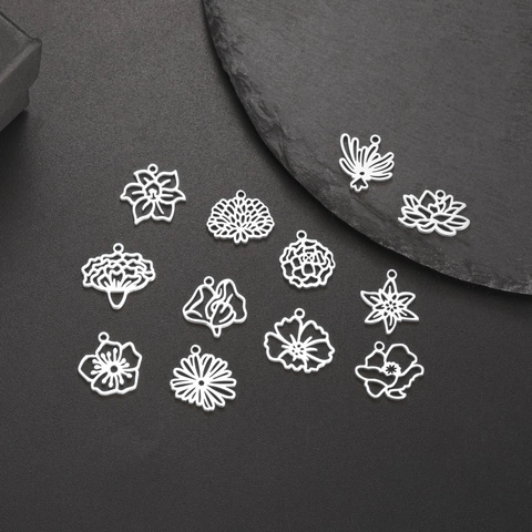 Birth Month Flower Hollow Pendant Stainless Steel Floral Charm DIY Jewelry Making Accessory For Necklace Earring Women Gift