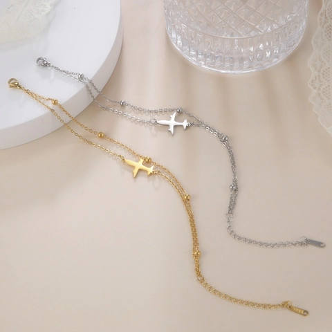 Minimalistisches Edelstahl Flugzeug Anhänger Fußkettchen Armband Für Damen 18K Vergoldet Doppelschichtige Kette Strand Schmuck