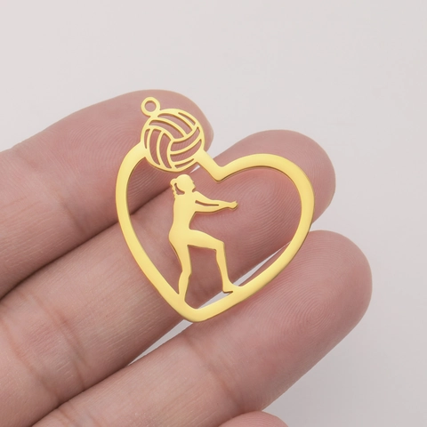 Stainless Steel Volleyball Athlete Silhouette Heart Pendant Electroplated Hollow Heart Charm For DIY Necklace Earring Making