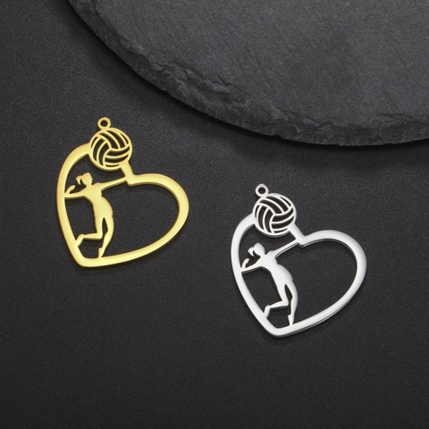 Hollow Stainless Steel Volleyball Heart Pendant Sports Jewelry DIY Necklace Accessory Gold Silver Volleyball Player Silhouette