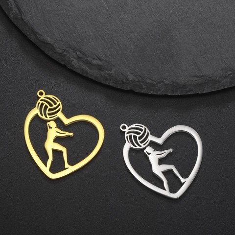 Stainless Steel Volleyball Athlete Silhouette Heart Pendant Electroplated Hollow Heart Charm For DIY Necklace Earring Making