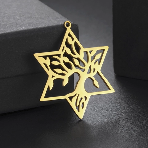 Pendentif Hexagramme Arbre de Vie en Acier Inoxydable Charm Étoile de David Ajouré DIY pour Accessoires de Bijoux Collier