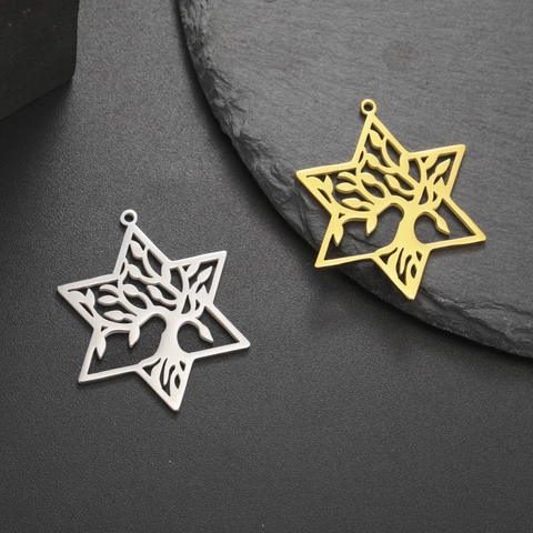 Pendentif Hexagramme Arbre de Vie en Acier Inoxydable Charm Étoile de David Ajouré DIY pour Accessoires de Bijoux Collier