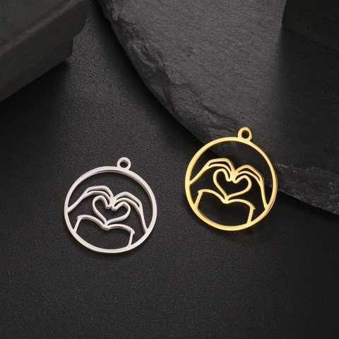 18K Gold Plated Stainless Steel Round Hollow Gesture Pendant Heart OK I Love You Gesture DIY Jewelry Charms For Women