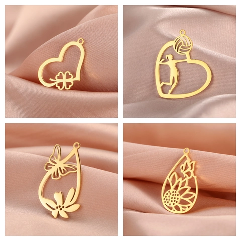 Hollow Stainless Steel Heart Clover Volleyball Athlete Butterfly Flower DIY Pendants For Necklace Earring Jewelry Making Charms Women