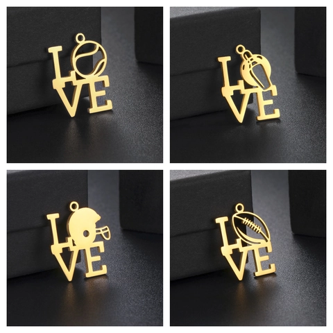 Stainless Steel LOVE Letter Sports Pendant Tennis Baseball Bowling Whistle Hollow Charms For DIY Necklace Earrings Keychain