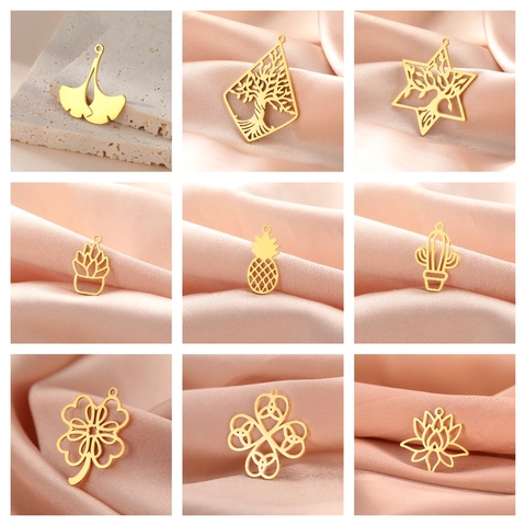 DIY Stainless Steel Pendants Hollow Tree Of Life Ginkgo Leaf Cactus Lotus Clover Charms For Jewelry Making Accessories