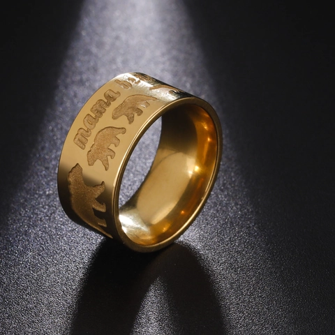 Minimalist Stainless Steel Mama Bear Wide Band Ring With Animal Silhouette Pattern For Men Women Jewelry Family Gift
