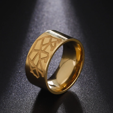 Vintage Stainless Steel Wide Band Ring Geometric Origami Bear Pattern Polished Gold Steel Color Jewelry For Men Women Unisex Gift
