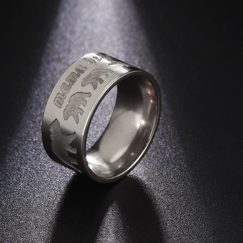 Minimalist Stainless Steel Mama Bear Wide Band Ring With Animal Silhouette Pattern For Men Women Jewelry Family Gift