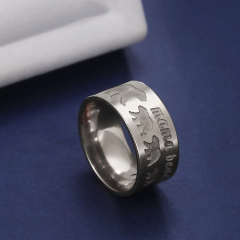 Stainless Steel Mama Bear Ring 10MM Wide Family Bear Silhouette Engraved Band Ring Fashion Jewelry For Women Men
