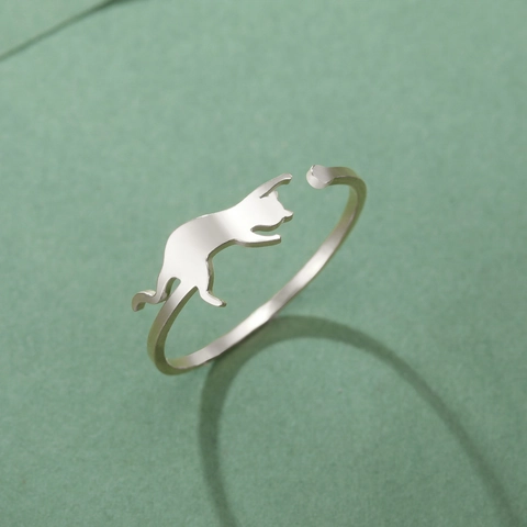 Minimalist Stainless Steel Cat Silhouette Open Ring Adjustable Cute Animal Finger Jewelry For Women Girls Fashion Ring