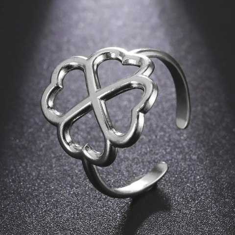 Stainless Steel Open Ring For Women Hollow Four Leaf Clover Heart Shape Adjustable Lucky Jewelry Fashion Finger Ring