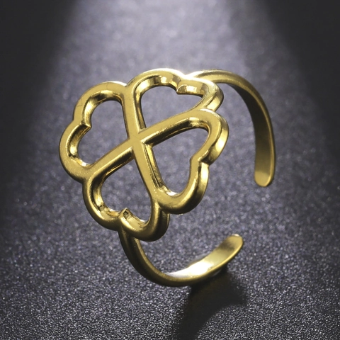 Korean Style Hollow Heart Clover Stainless Steel Open Ring For Women Elegant Gold Silver Plated Lucky Flower Adjustable Ring