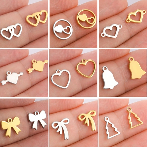 Stainless Steel DIY Heart Bowknot Bell Christmas Tree Pendants For Jewelry Making Craft Gold Silver Metal Charms Accessories