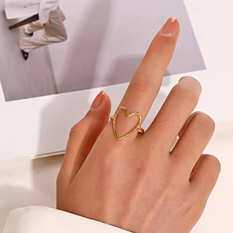 Stainless Steel Heart Open Ring For Women Fashion Gold Silver Tone Adjustable Heart Shaped Hammered Texture Finger Ring Jewelry