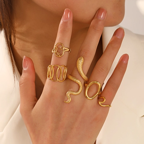 Vintage Stainless Steel Adjustable Rings For Women French Ethnic Geometric Snake Face Profile Open Finger Ring Fashion Jewelry