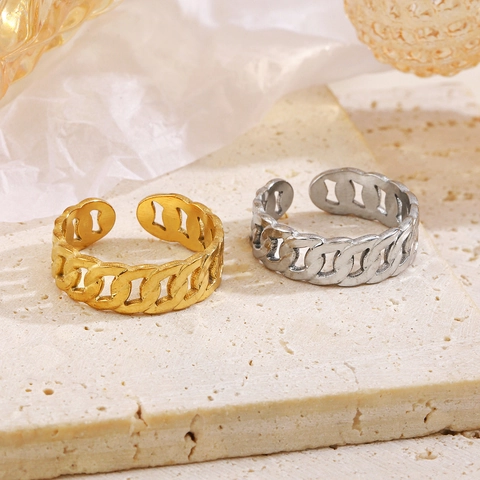 Edelstahl Panzerkette Offener Ring Für Damen 18K Gold Silber Plattiert Einstellbar Hohles Band Nischen Design Schmuck
