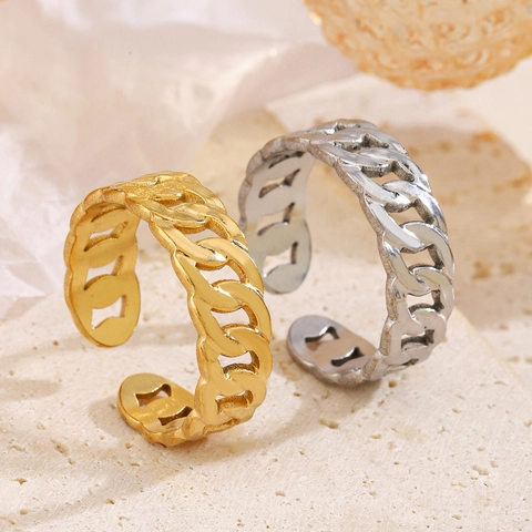 Edelstahl Panzerkette Offener Ring Für Damen 18K Gold Silber Plattiert Einstellbar Hohles Band Nischen Design Schmuck
