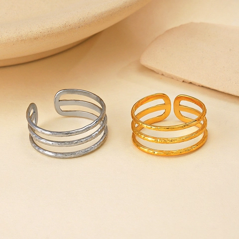 Stainless Steel 18K Gold Plated 3-Layer Hammered Lines Open Ring For Women Adjustable Vintage Minimalist Geometric Jewelry