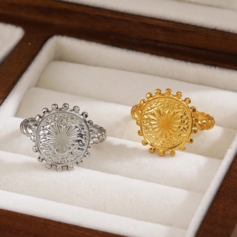 Vintage Edelstahlring Damen Herz Relief Offen Verstellbar Sonnenstrahl Muster Böhmischen Mode Schmuck Fingerring