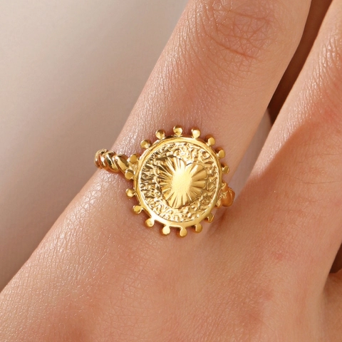Vintage Edelstahlring Damen Herz Relief Offen Verstellbar Sonnenstrahl Muster Böhmischen Mode Schmuck Fingerring